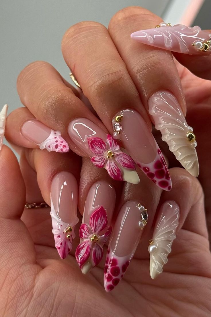 Pink 3D floral almond nail art with pearls